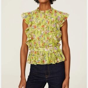 Marissa Webb Collective Yellow Floral Pleated Ruffle Flutter Sleeve Top Size 6